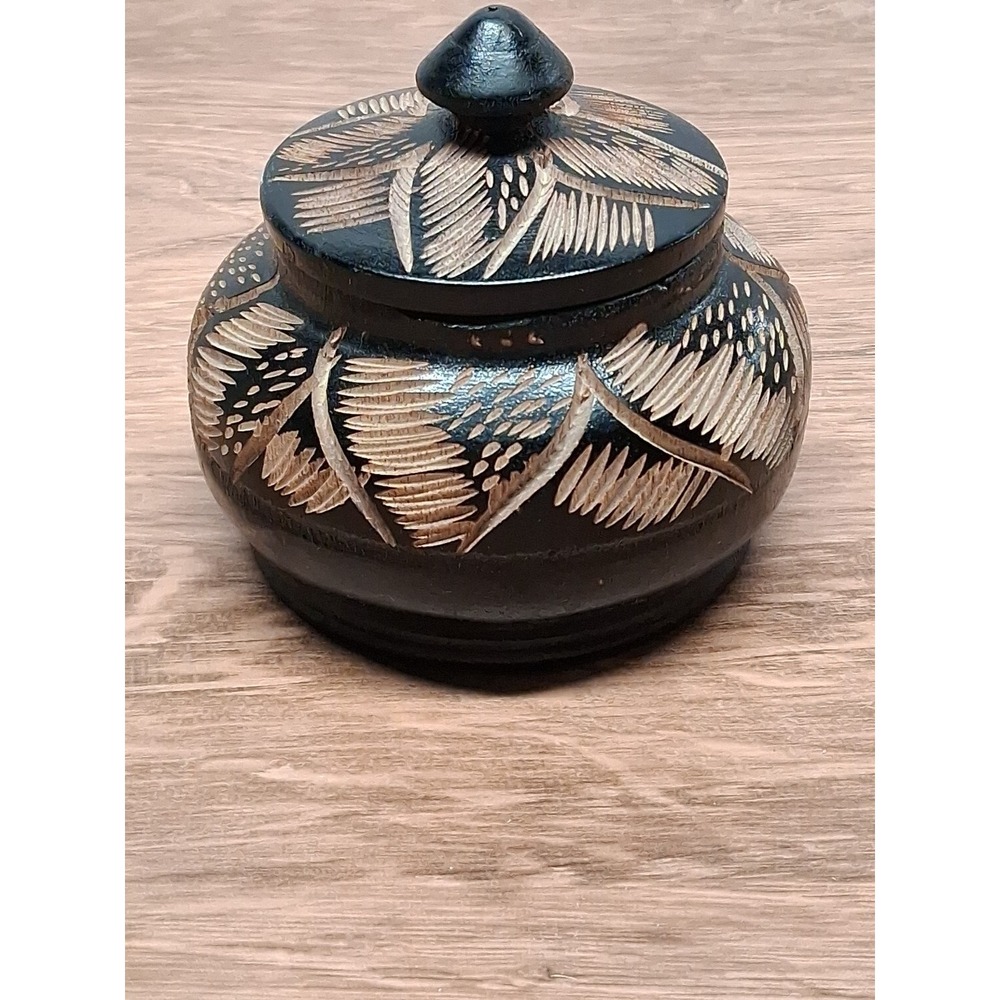 Hand Carved Round Black Wood Trinket Jar with Lid 3" x 3"